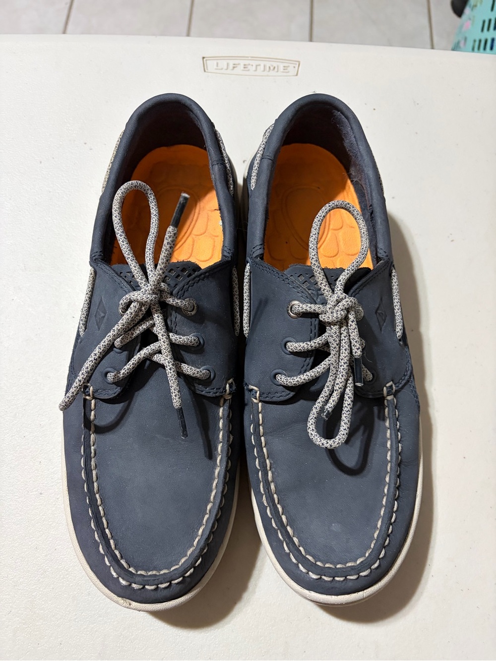 Sperry Navy Boat Shoes with Gray Braided Laces and Orange Insoles